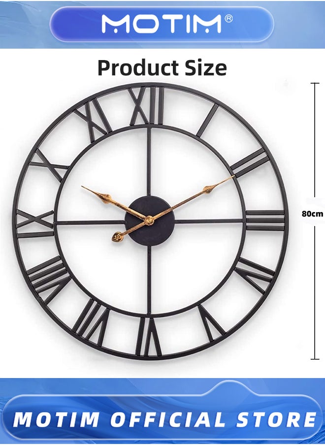 Wall Clock Large Indoor Battery Operated Silent Non-Ticking Industrial Metal Roman Numeral Beige Modern Contemporary Round Iron Natural Finish