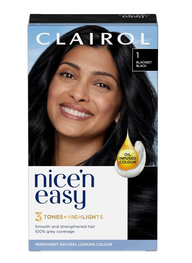 Nicen Easy Crème Natural Looking Oil Infused Permanent Hair Dye1 Blackest Black