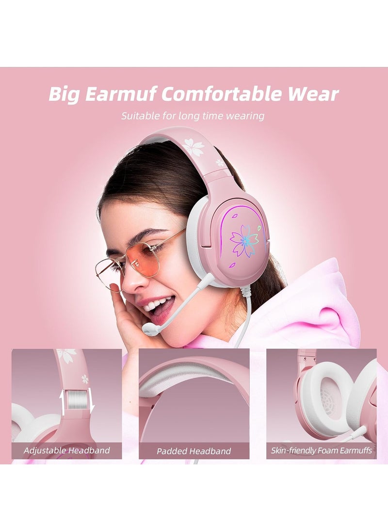 Mytrix Gaming Headset, 360° Rotation Mic, 3.5mm Pink Cherry Blossoms Soft Earmuff Headphone for PS4, PS5, Xbox, PC & MAC, Switch, RGB Gradient Light Effect