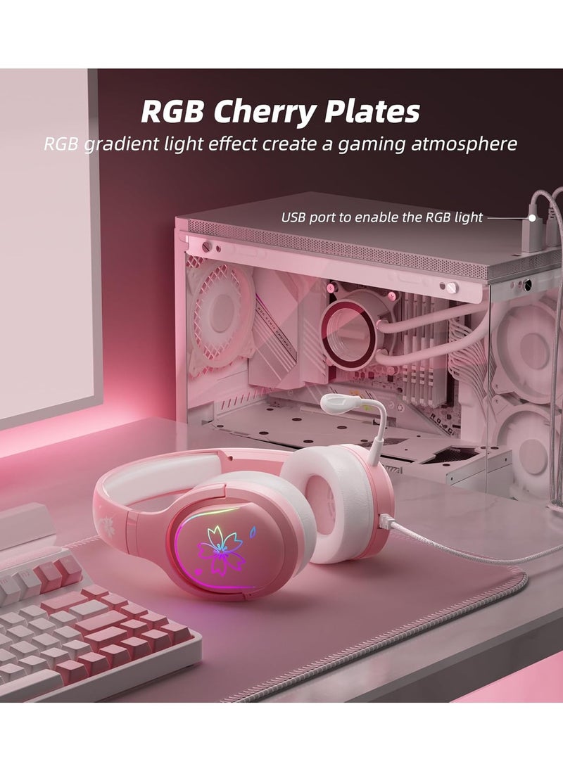 Mytrix Gaming Headset, 360° Rotation Mic, 3.5mm Pink Cherry Blossoms Soft Earmuff Headphone for PS4, PS5, Xbox, PC & MAC, Switch, RGB Gradient Light Effect