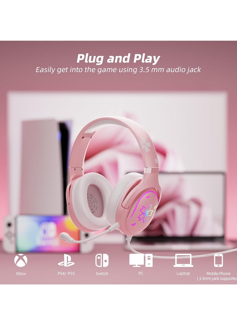 Mytrix Gaming Headset, 360° Rotation Mic, 3.5mm Pink Cherry Blossoms Soft Earmuff Headphone for PS4, PS5, Xbox, PC & MAC, Switch, RGB Gradient Light Effect