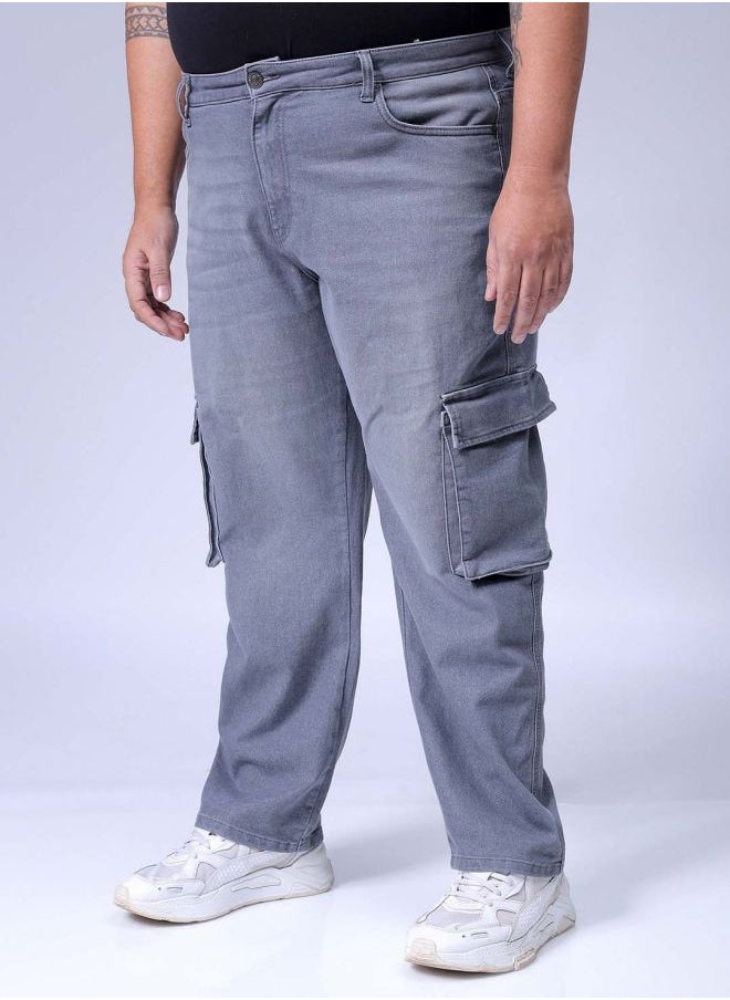 Men Plus Size Baggy Fit Solid Mid-Rise Stretchable Cargo Denims