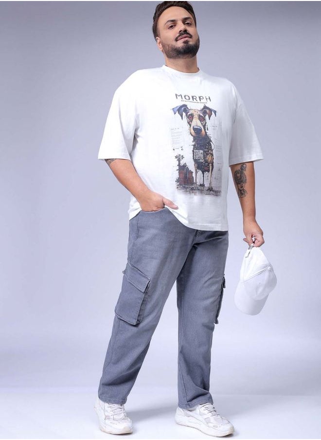 Men Plus Size Baggy Fit Solid Mid-Rise Stretchable Cargo Denims