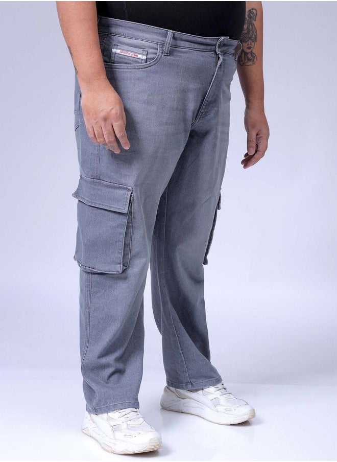 Men Plus Size Baggy Fit Solid Mid-Rise Stretchable Cargo Denims
