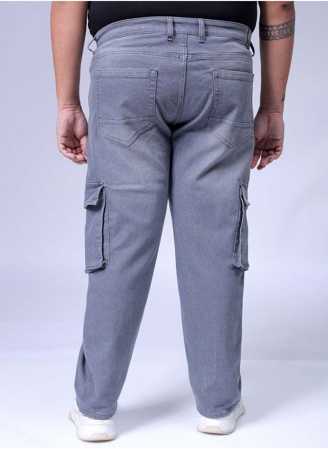 Men Plus Size Baggy Fit Solid Mid-Rise Stretchable Cargo Denims