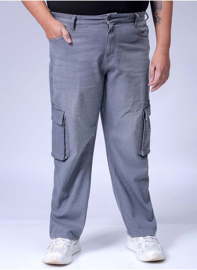 Men Plus Size Baggy Fit Solid Mid-Rise Stretchable Cargo Denims