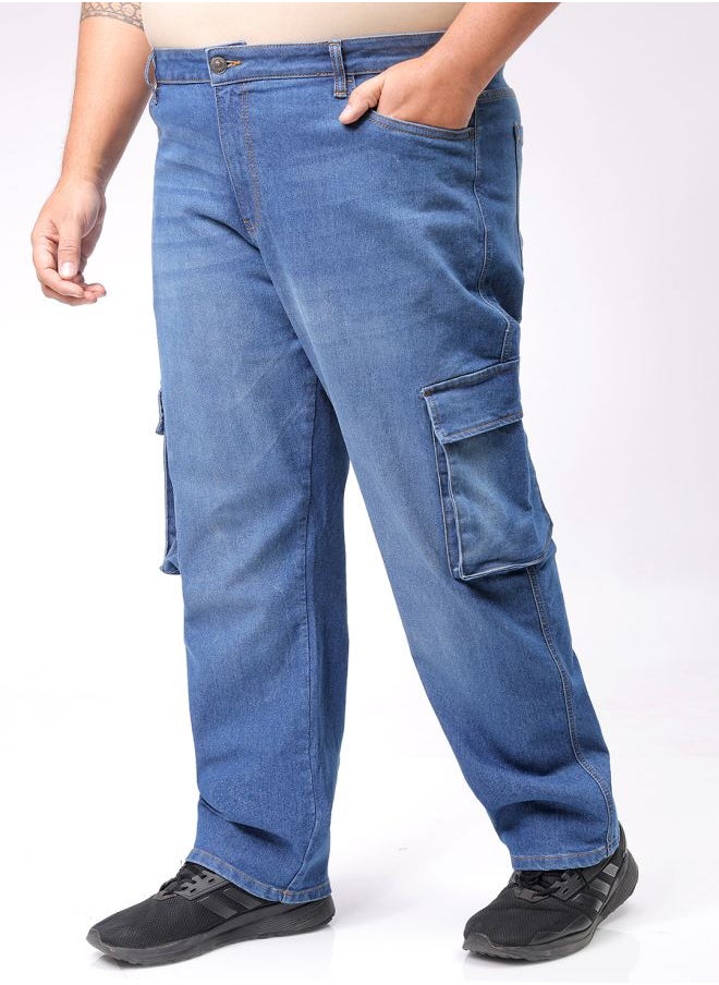 Men Plus Size Baggy Fit Solid Mid-Rise Stretchable Cargo Denims