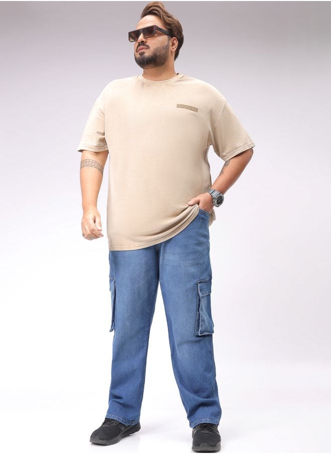 Men Plus Size Baggy Fit Solid Mid-Rise Stretchable Cargo Denims