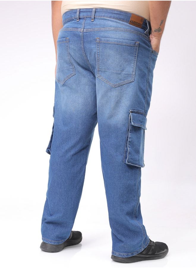Men Plus Size Baggy Fit Solid Mid-Rise Stretchable Cargo Denims
