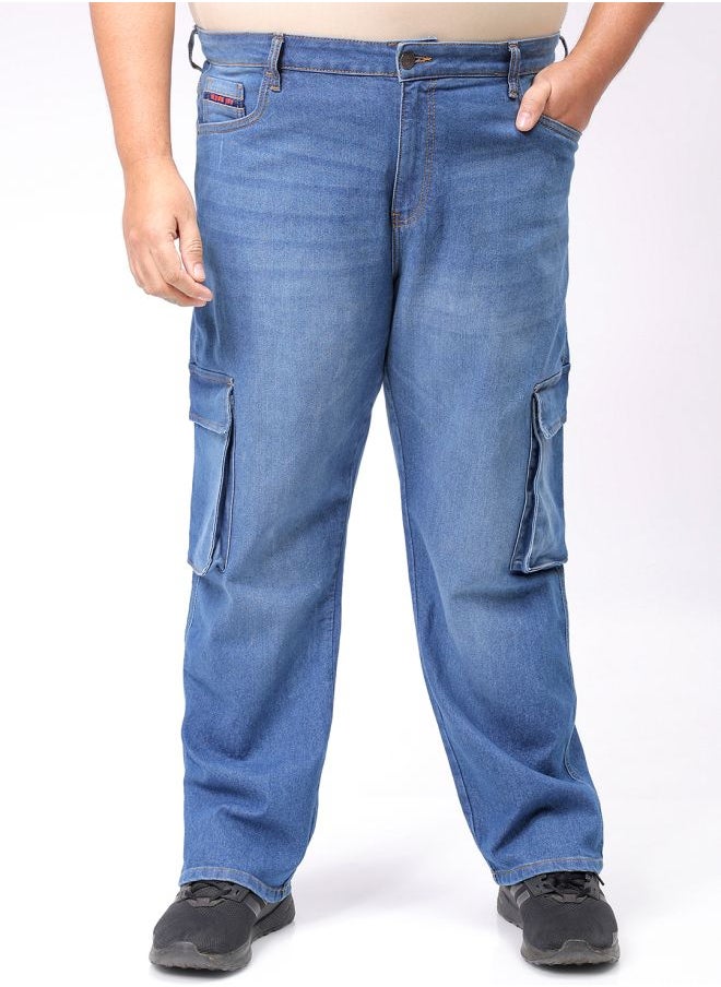 Men Plus Size Baggy Fit Solid Mid-Rise Stretchable Cargo Denims