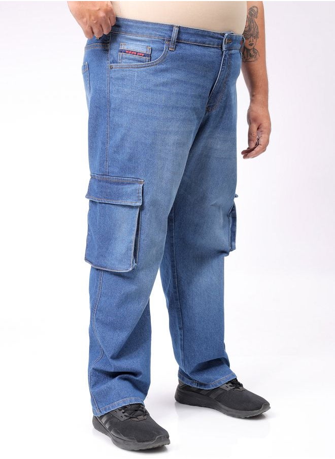 Men Plus Size Baggy Fit Solid Mid-Rise Stretchable Cargo Denims