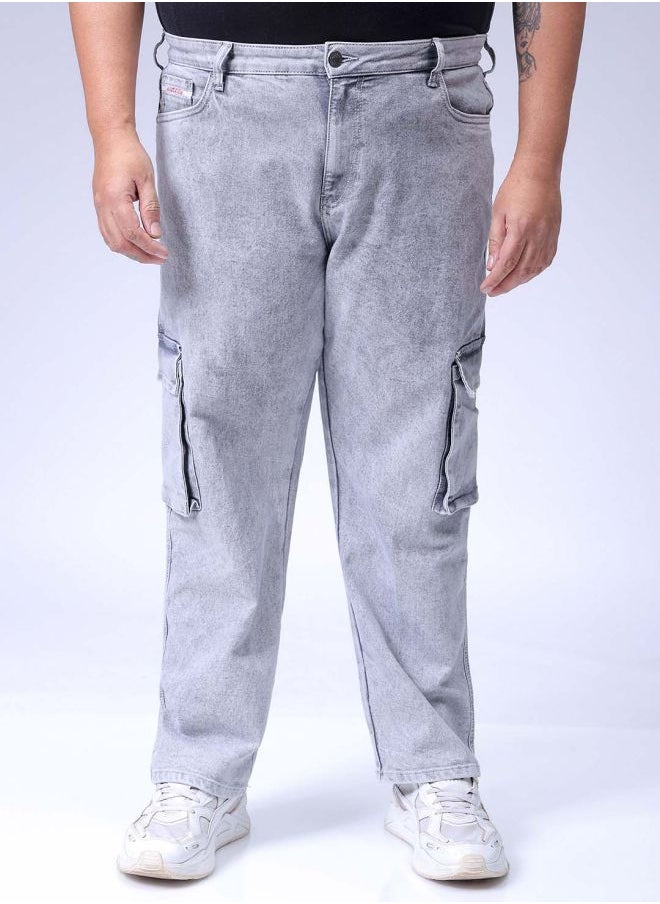 Men Plus Size Baggy Fit Solid Mid-Rise Stretchable Cargo Denims