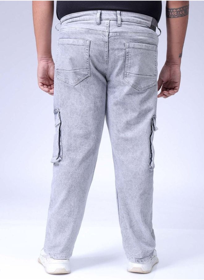 Men Plus Size Baggy Fit Solid Mid-Rise Stretchable Cargo Denims