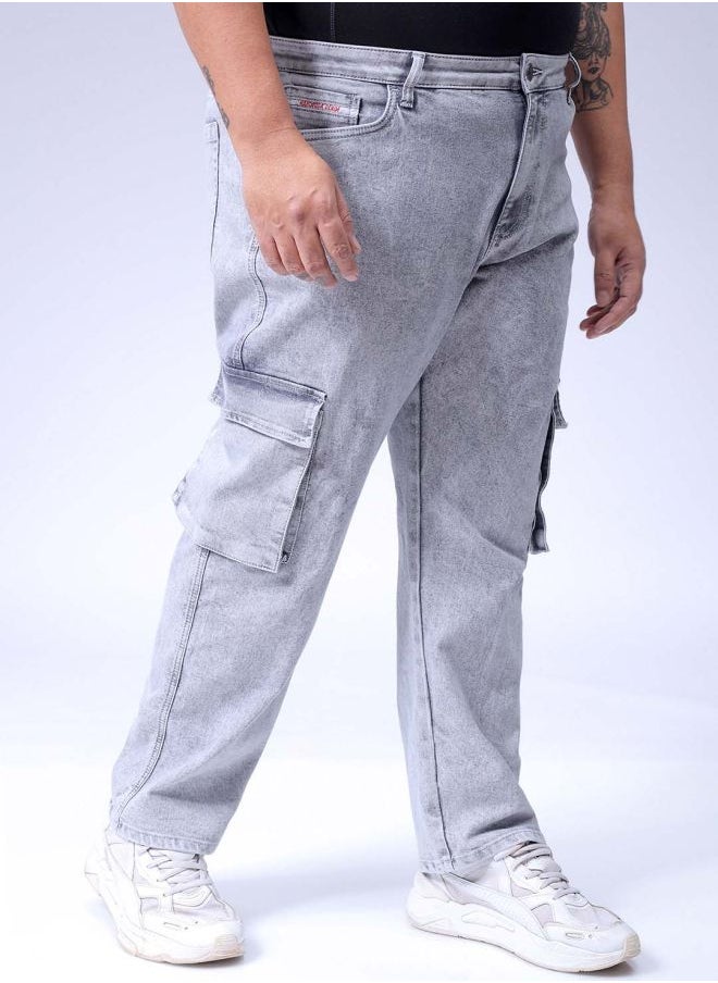 Men Plus Size Baggy Fit Solid Mid-Rise Stretchable Cargo Denims