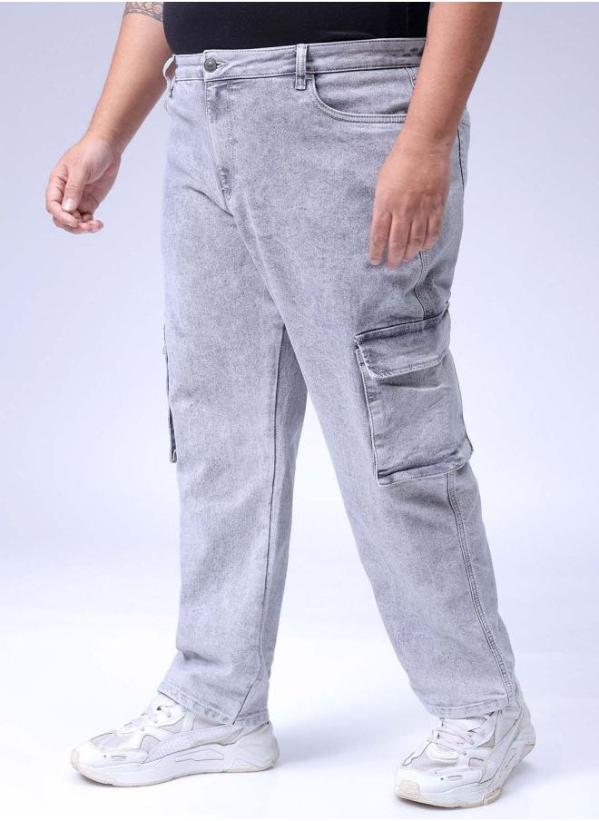 Men Plus Size Baggy Fit Solid Mid-Rise Stretchable Cargo Denims