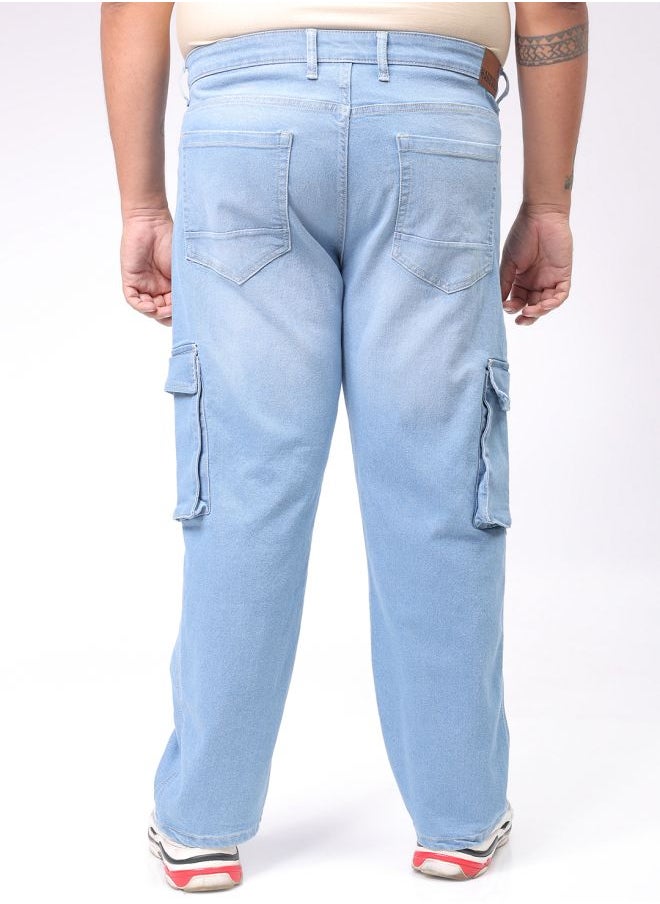 Men Plus Size Baggy Fit Solid Mid-Rise Stretchable Cargo Denims