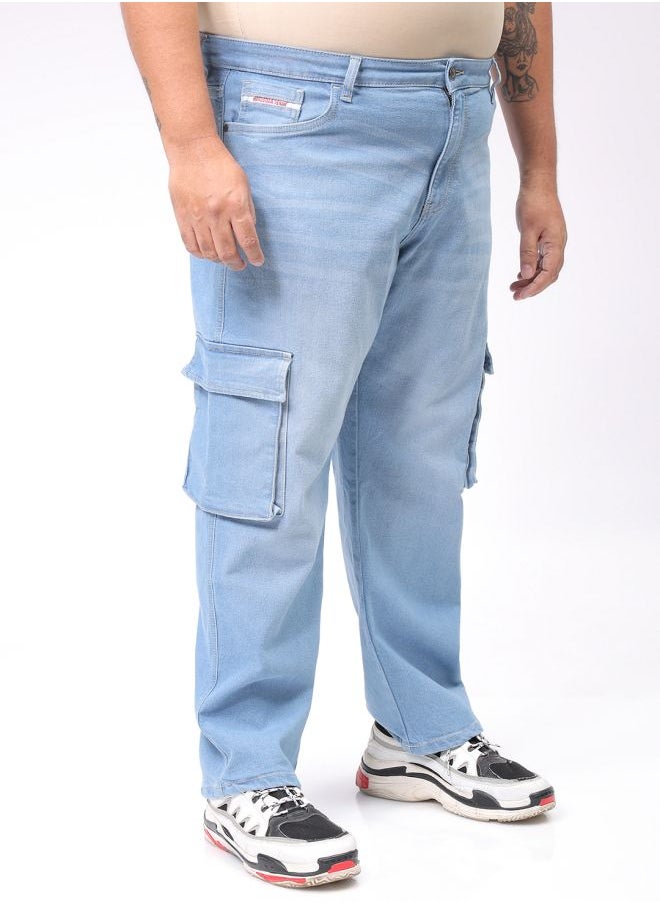 Men Plus Size Baggy Fit Solid Mid-Rise Stretchable Cargo Denims