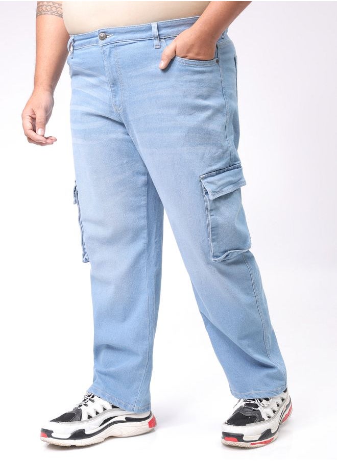 Men Plus Size Baggy Fit Solid Mid-Rise Stretchable Cargo Denims
