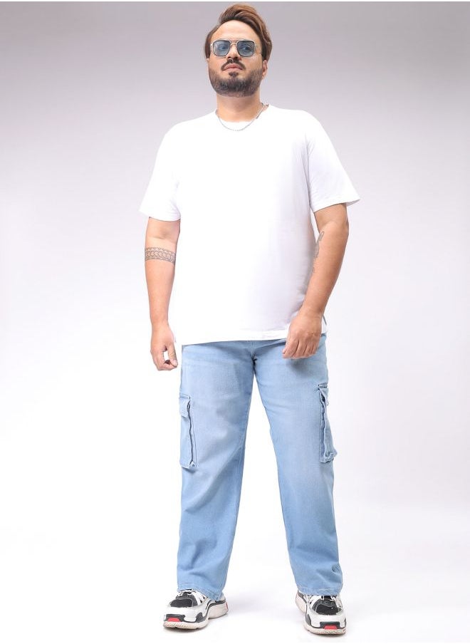 Men Plus Size Baggy Fit Solid Mid-Rise Stretchable Cargo Denims