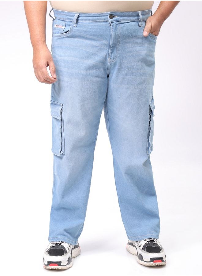 Men Plus Size Baggy Fit Solid Mid-Rise Stretchable Cargo Denims