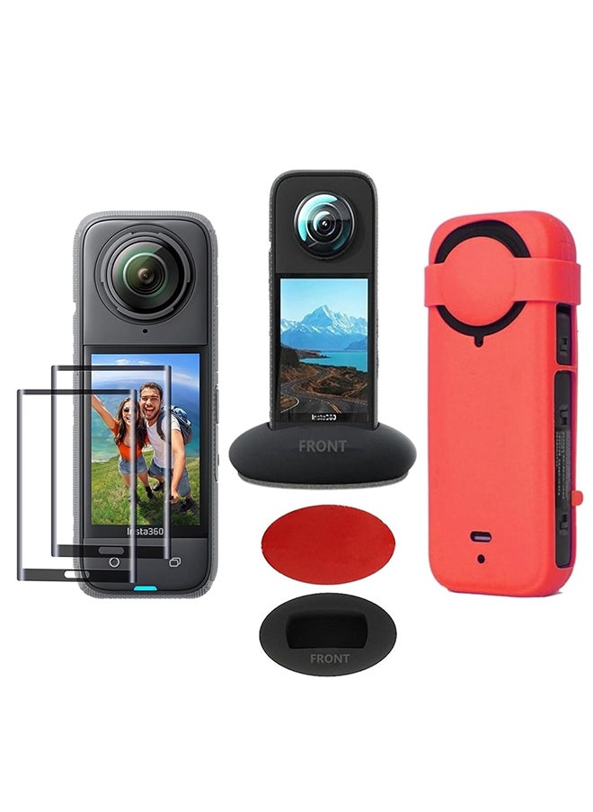 O Ozone Silicone Protective Case for Insta360 X4 Accessories + (2 Pack) Tempered Glass Screen Protector Film + Silicone Desktop Base Stand Non-Slip Mount Accessories for Insta360 X4 - Red