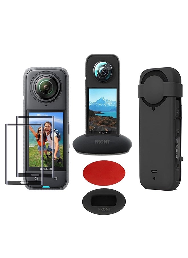 O Ozone Silicone Protective Case for Insta360 X4 Accessories + (2 Pack) Tempered Glass Screen Protector Film + Silicone Desktop Base Stand Non-Slip Mount Accessories for Insta360 X4 - Black