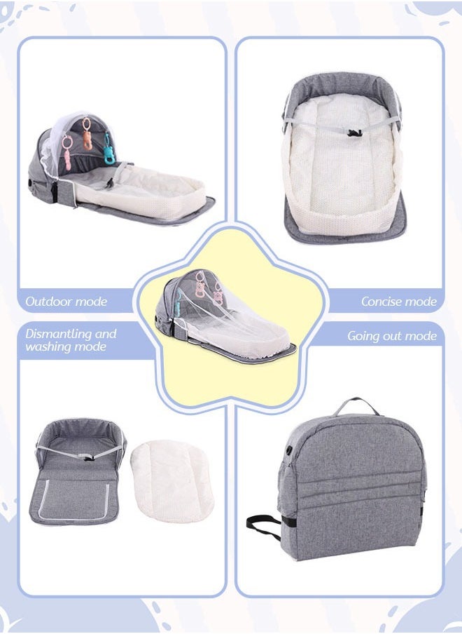 Baby Travel Cot with Mosquito Net and Awning, Foldable Baby Tent, Washable Crib Bionic Travel Bed Breathable Cradle Cot, Portable Baby Cot, Foldable Baby Cot with Mosquito Net (Grey)