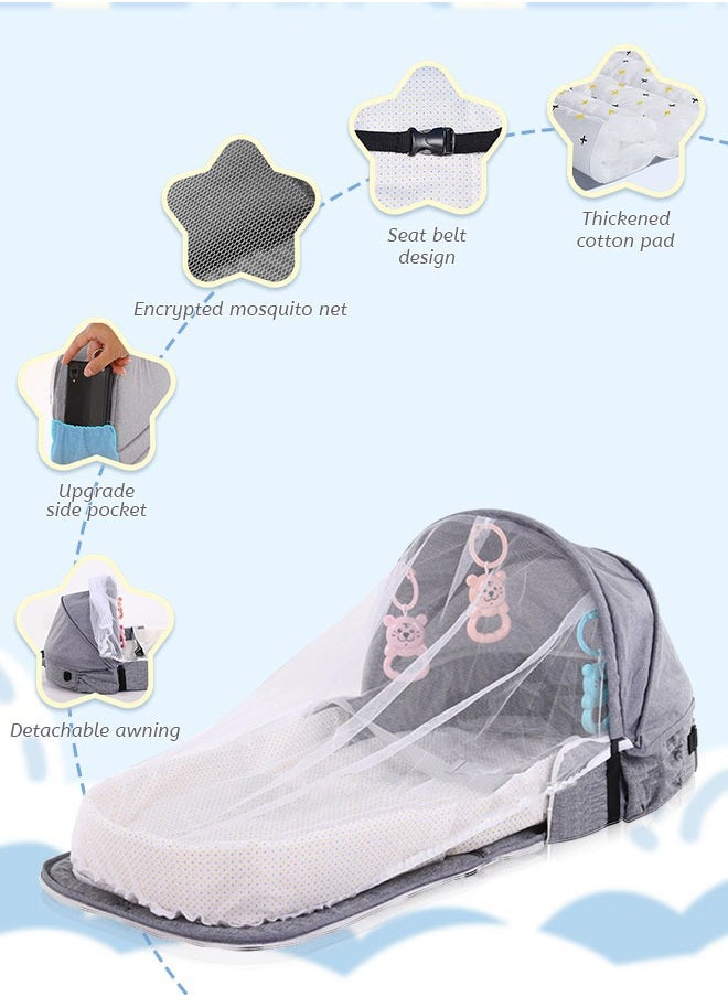 Baby Travel Cot with Mosquito Net and Awning, Foldable Baby Tent, Washable Crib Bionic Travel Bed Breathable Cradle Cot, Portable Baby Cot, Foldable Baby Cot with Mosquito Net (Grey)