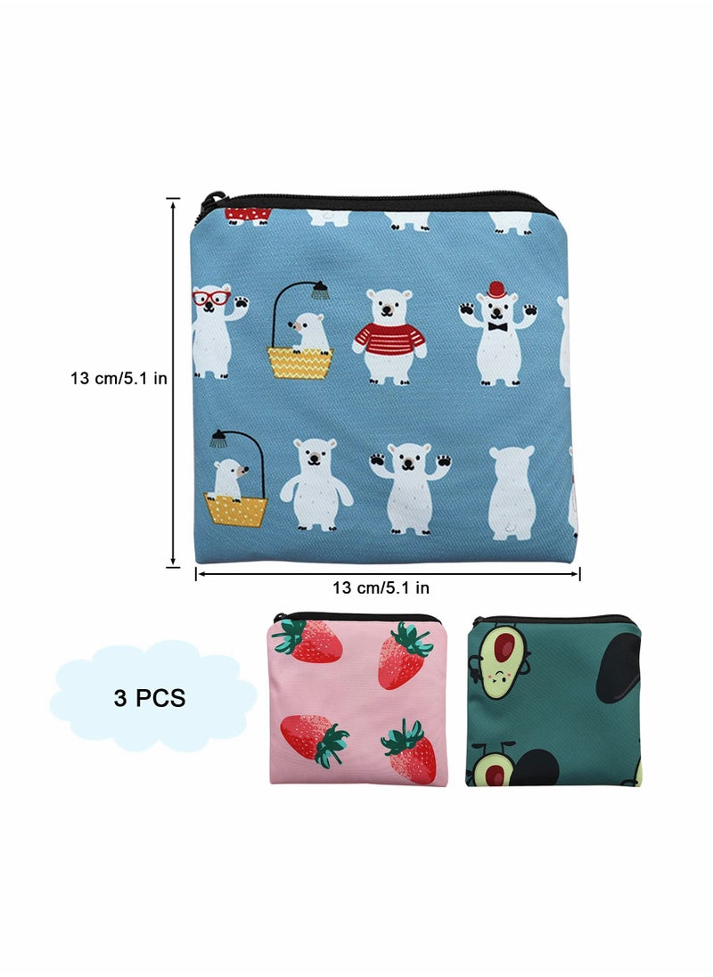 Cartoon Sanitary Napkin Storage Bag, 3 Pack - Zipper Closure, 5x5 inches, Period Storage for Girls, Women, Ladies - Cute Sanitary Pad Organizer.