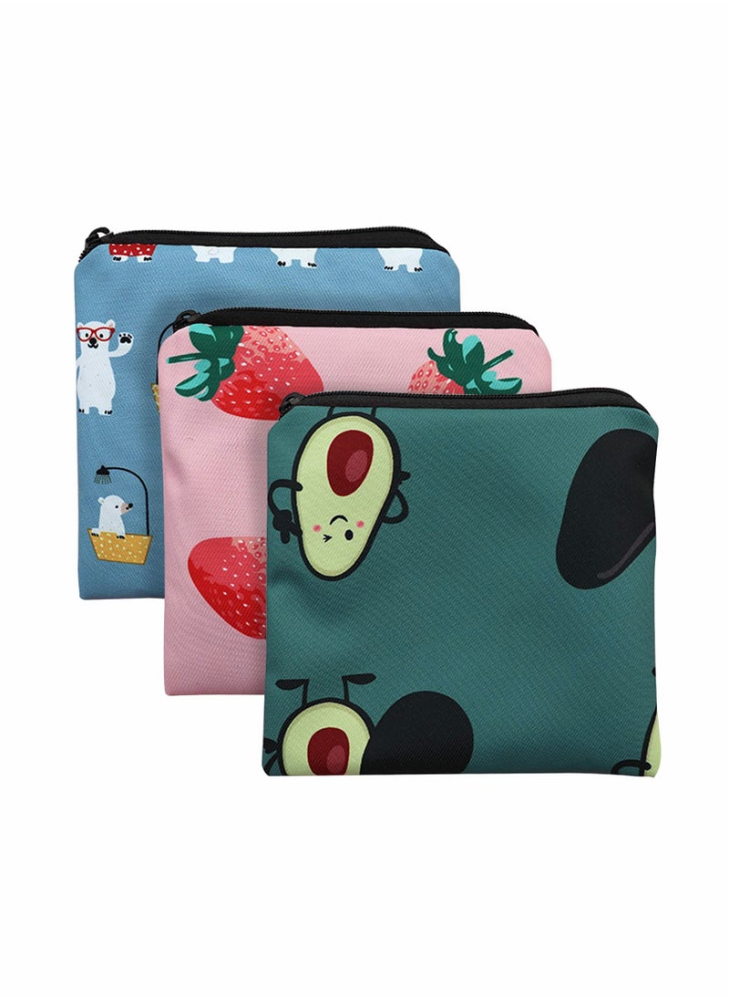 Cartoon Sanitary Napkin Storage Bag, 3 Pack - Zipper Closure, 5x5 inches, Period Storage for Girls, Women, Ladies - Cute Sanitary Pad Organizer.