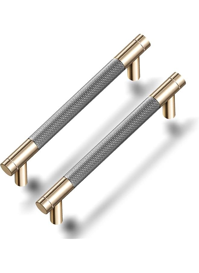 6 Pack Cabinet Handles 6.2'' Modern Grey & Gold Aluminum Cabinet Pulls Knurled Diamond Pattern Drawer Hardware for Kitchen Cupboard Door and Bathroom (5