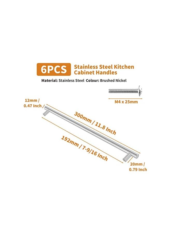6 Pack Brushed Nickel Cupboard Handles 192mm Hole Center T Bar Handles, Stainless Steel Drawer Handles Long Wardrobe Door Handles Pulls, 300mm Length Kitchen Cabinet Handles for Bedroom Drawer