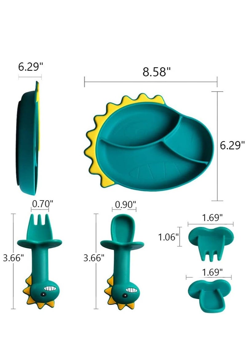 3 Pack Baby Feeding Bowl Spoon Fork Set Cartoon Dinosaur Silicone Suction Divided Plate Toddler Plates for Kids and Infants