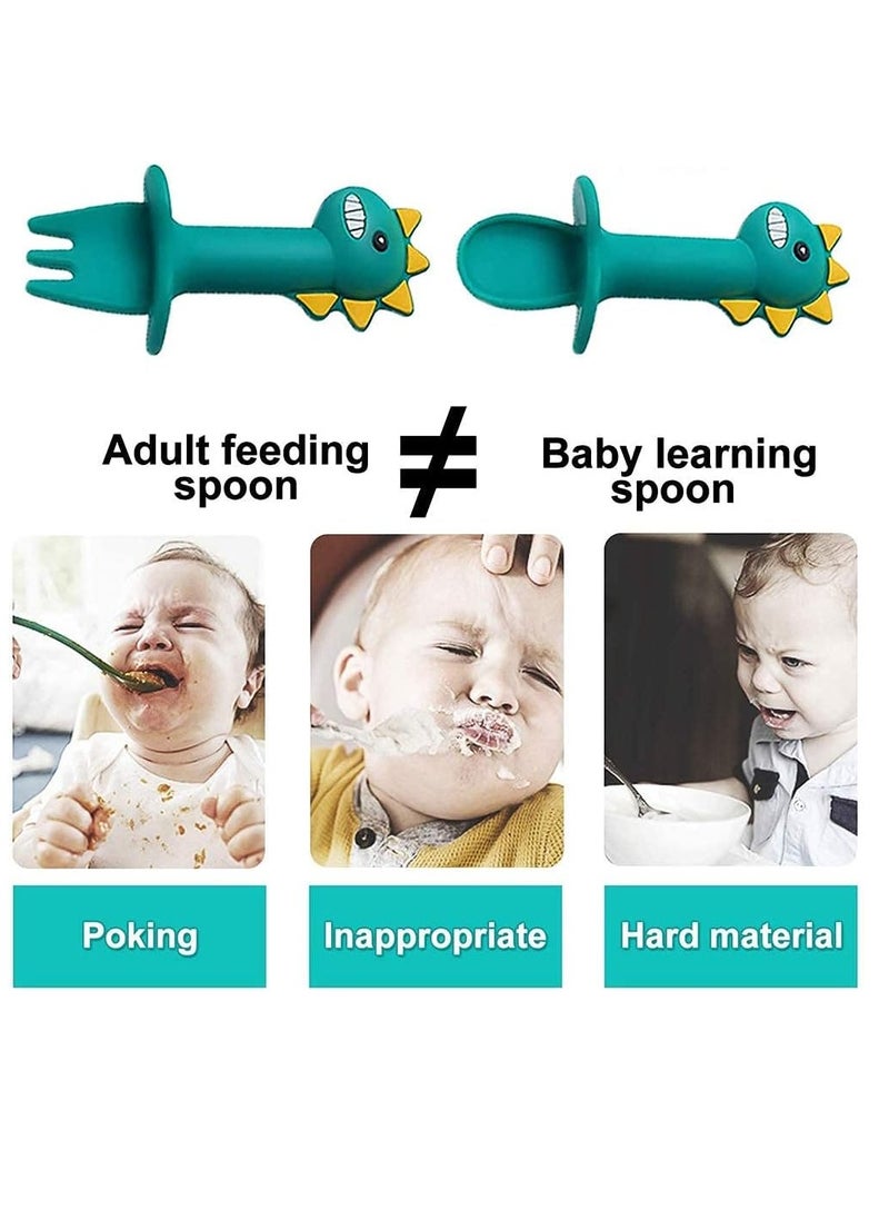 3 Pack Baby Feeding Bowl Spoon Fork Set Cartoon Dinosaur Silicone Suction Divided Plate Toddler Plates for Kids and Infants