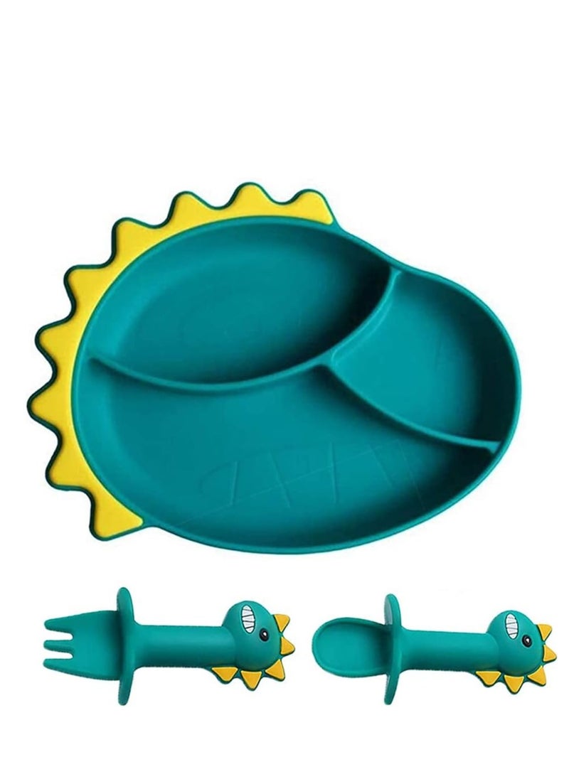 3 Pack Baby Feeding Bowl Spoon Fork Set Cartoon Dinosaur Silicone Suction Divided Plate Toddler Plates for Kids and Infants