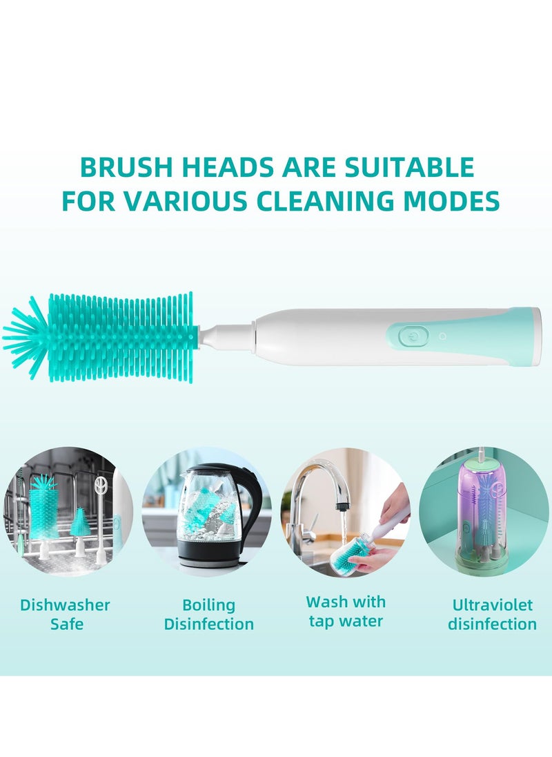Electric Travel Baby Bottle Brush Set with UV Sterilization 7 in 1 Bottle Brush Cleaner Silicone Bottle Nipple Straw Brush Stirring Disperser Drainage Rack Storage Box IPX7 Waterproof Green