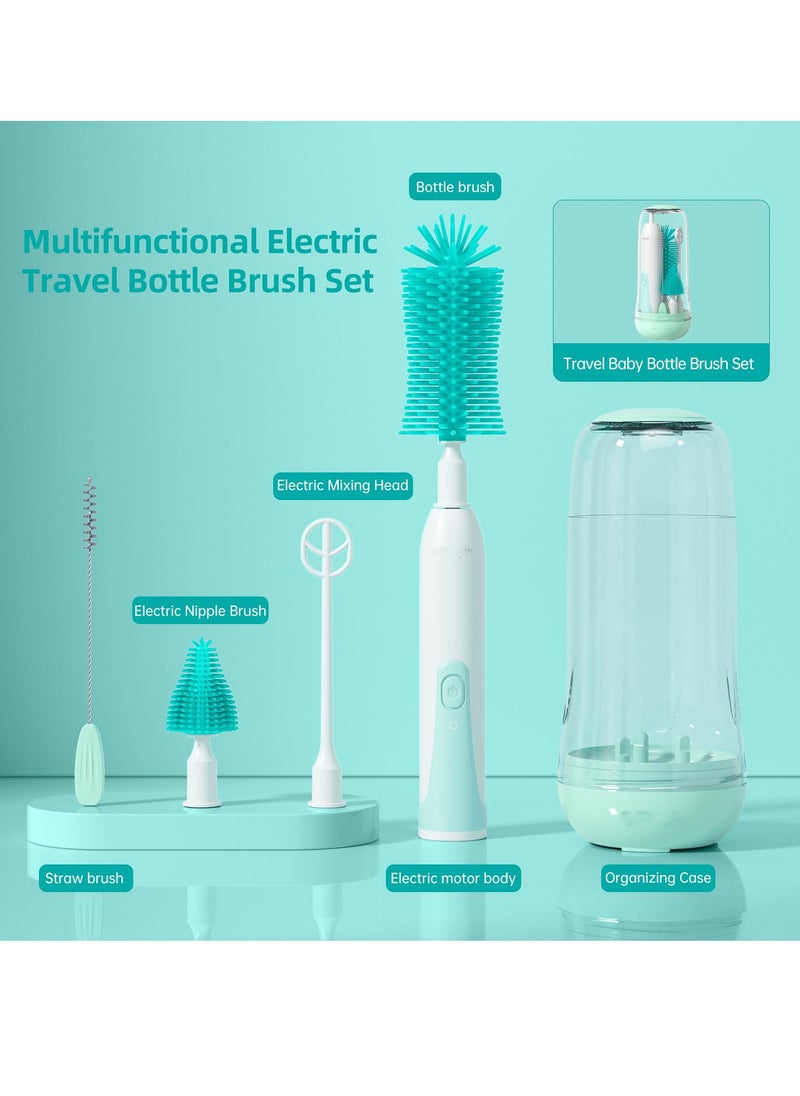Electric Travel Baby Bottle Brush Set with UV Sterilization 7 in 1 Bottle Brush Cleaner Silicone Bottle Nipple Straw Brush Stirring Disperser Drainage Rack Storage Box IPX7 Waterproof Green