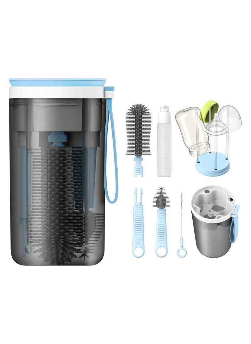 Portable Baby Travel Bottle Cleaner Kit with Silicone Bottle Brush Built-in Drying Rack Silicone -Shaped Brush Straw Brushes Bottle Soap Dispenser(Blue)
