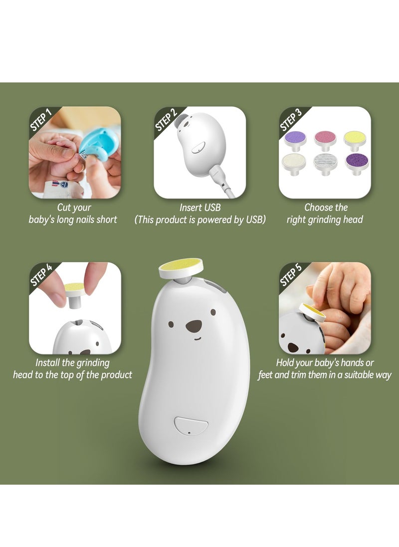 Baby Nail Trimmer Electric,Rechargeable Baby Nail Clippers with 6 Grinding Heads and LED Light, Safe Baby Nail File Set for Baby, Toddler, Infant, Alternative to Baby Nail Clipper, Baby Nail Kit