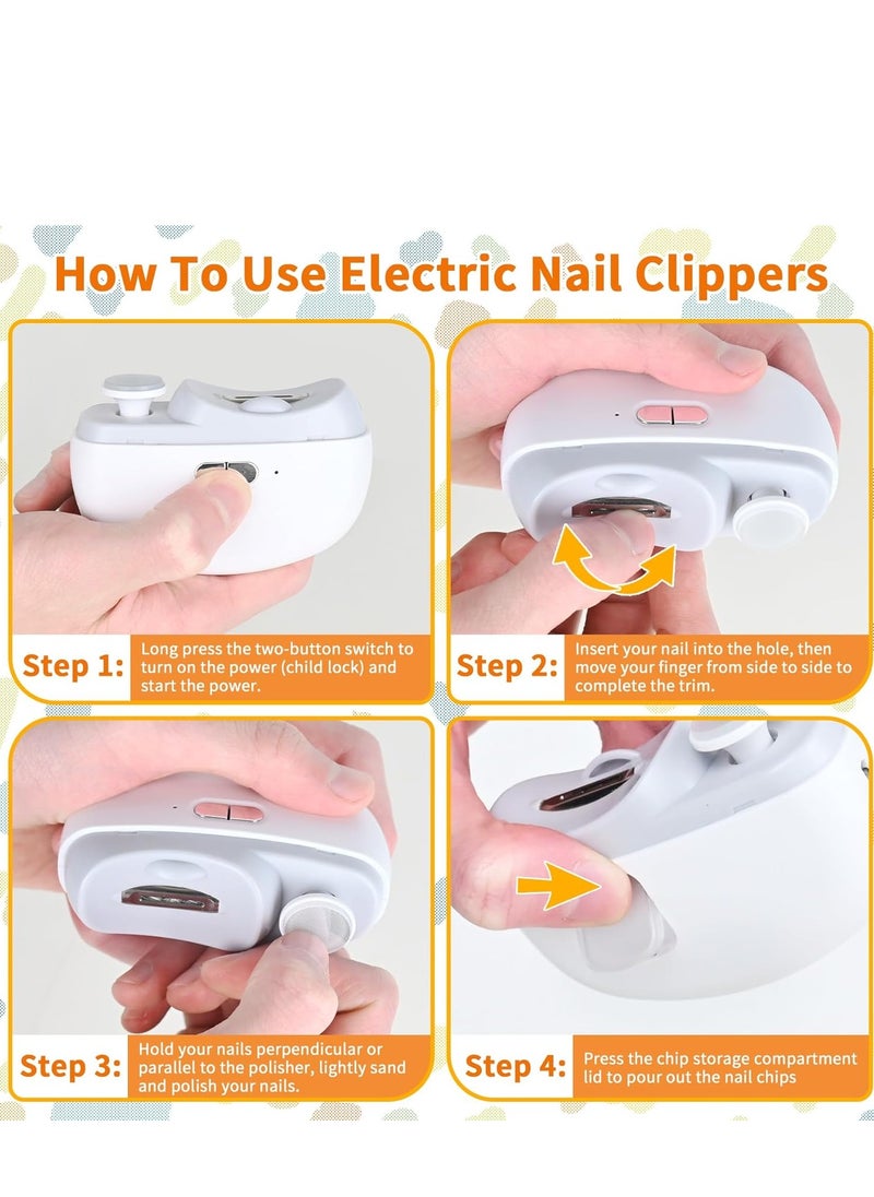 Automatic Electric Nail Clipper with Light  2 Speeds, Nail Polisher 2 in 1 Design, Nail Clip Storage, USB Rechargeable Safety Electric Nail Trimmer Suitable for Babies,Kids, Adults and Seniors(White)