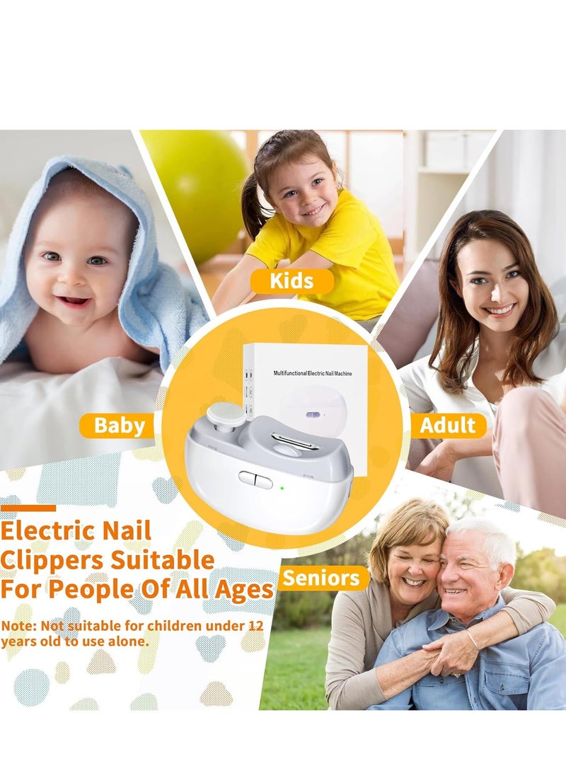 Automatic Electric Nail Clipper with Light  2 Speeds, Nail Polisher 2 in 1 Design, Nail Clip Storage, USB Rechargeable Safety Electric Nail Trimmer Suitable for Babies,Kids, Adults and Seniors(White)
