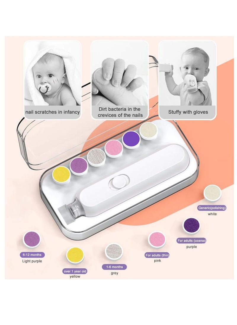 Electric Baby Nail Trimmer Set Electric Nail Buffer Safe and Easy-to-Use Nail File for Newborns to Kids with 6 Grinding Pads LED Light, and Storage Box for Baby and Kids Nail Care Trim White
