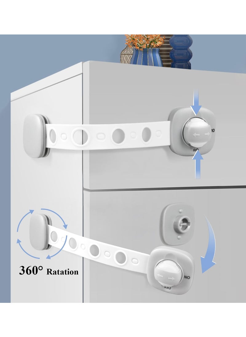 Child Safety Cabinet Locks - 6 Pack, No Drill Baby Proof Drawer Straps with Adhesive, Grey  White Safety Locks for Kids