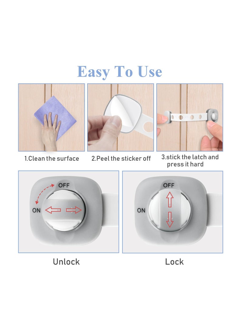 Child Safety Cabinet Locks - 6 Pack, No Drill Baby Proof Drawer Straps with Adhesive, Grey  White Safety Locks for Kids