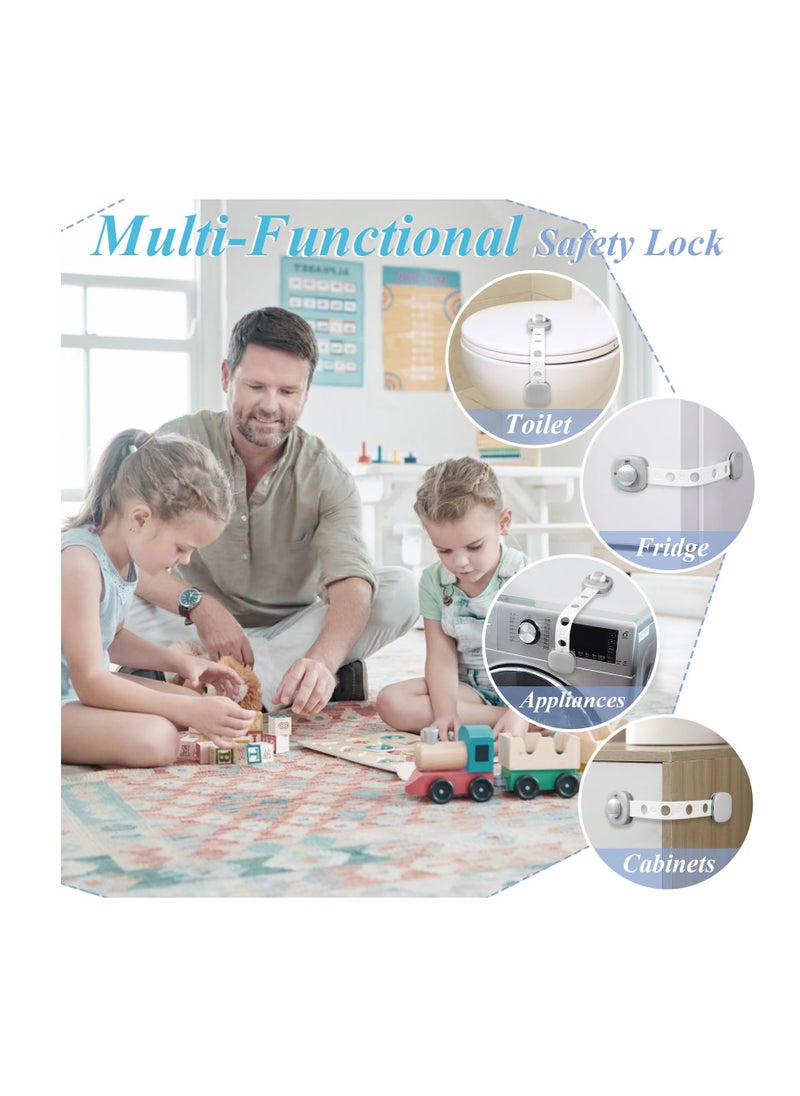 Child Safety Cabinet Locks - 6 Pack, No Drill Baby Proof Drawer Straps with Adhesive, Grey  White Safety Locks for Kids