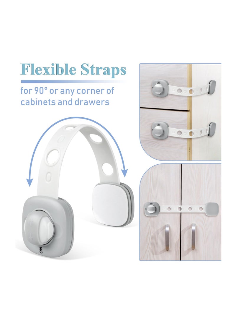 Child Safety Cabinet Locks - 6 Pack, No Drill Baby Proof Drawer Straps with Adhesive, Grey  White Safety Locks for Kids