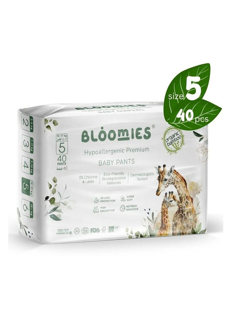 Bloomies Organic Bamboo Premium Pant Style Baby Diapers, 40 Pieces, Size 5, Hypoallergenic, 3D Leak Protection, Wetness Indicator, Super Soft