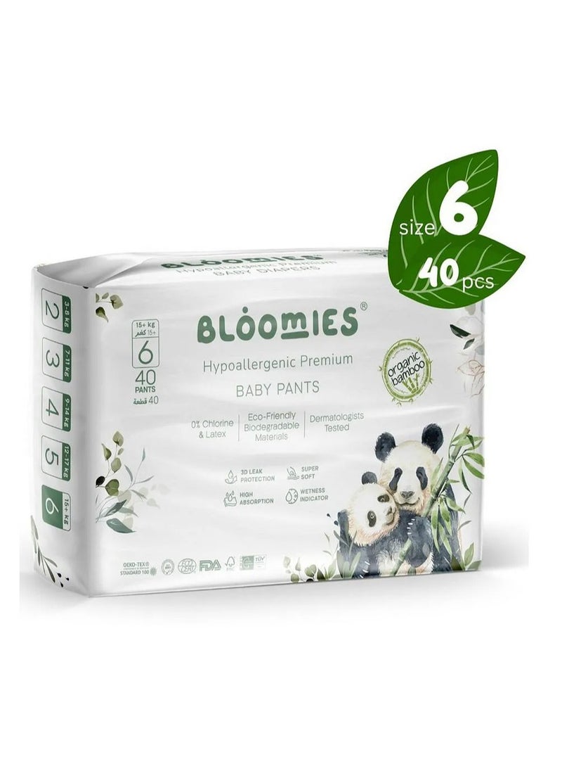 Bloomies Organic Bamboo Premium Pant Style Baby Diapers, 40 Pieces, Size 6, Hypoallergenic, 3D Leak Protection, Wetness Indicator, Super Soft