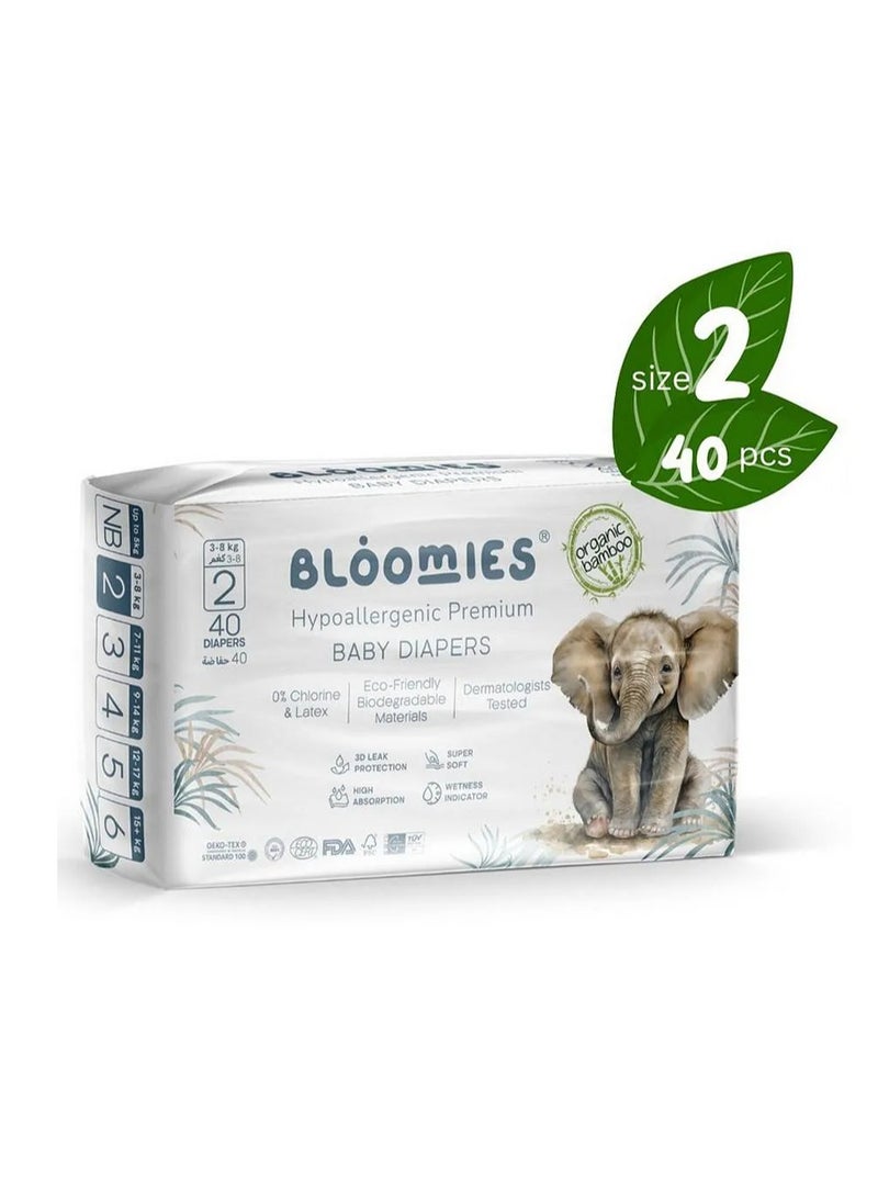 Bloomies Organic Bamboo Premium Tape Style Baby Diapers, 40 Pieces, Size 2 Small, Hypoallergenic, 3D Leak Protection, Wetness Indicator, Super Soft