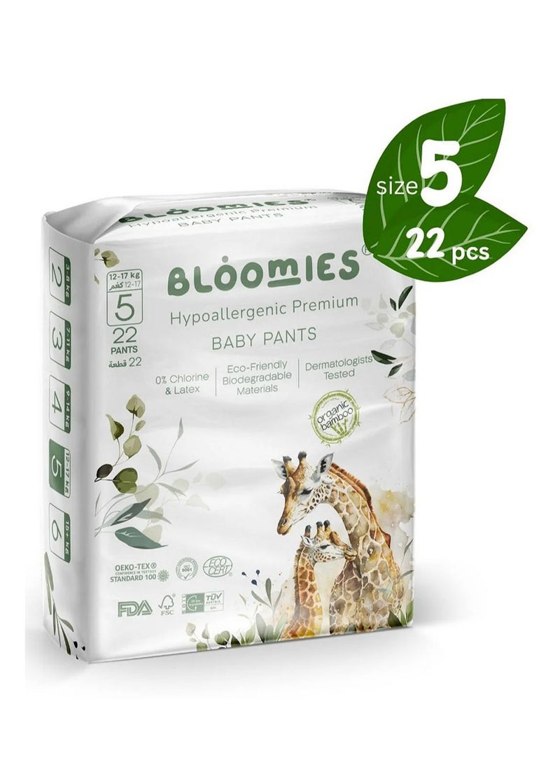 Bloomies Organic Bamboo Premium Pant Style Baby Diapers, Hypoallergenic, 3D Leak Protection, Wetness Indicator, Super Soft, Size 5 - 22 Pieces